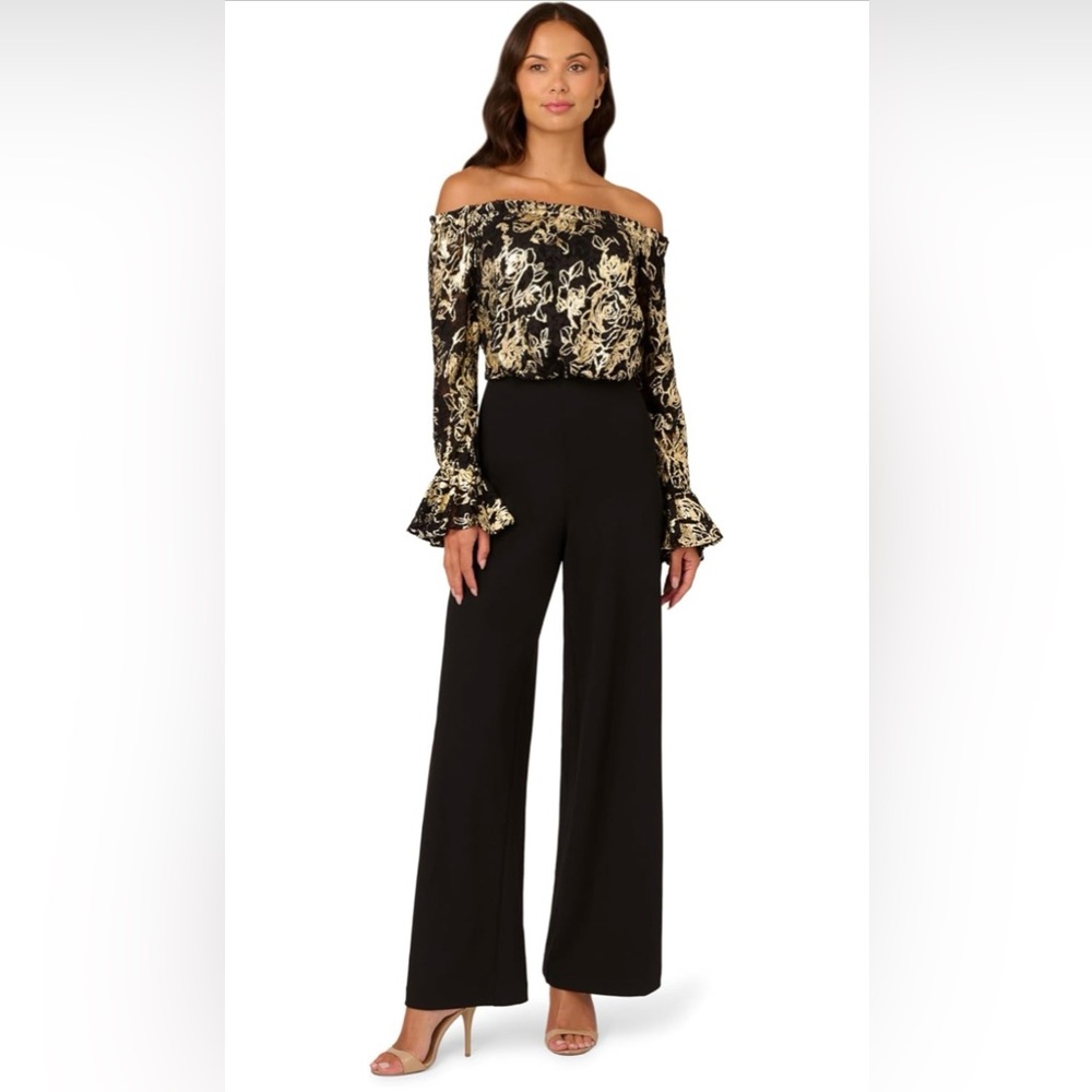 Adrianna Papell Black and Gold Off-Shoulder Jumpsuit. Size 12